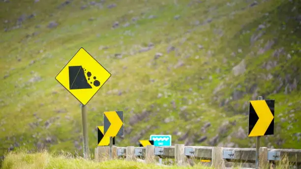 The yellow streetsigns on the Sky road in Ireland these are for the safety of the tourists going up the hill