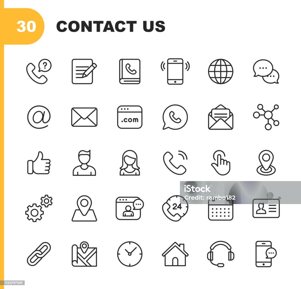 Contact Line Icons. Editable Stroke. Pixel Perfect. For Mobile and Web. Contains such icons as Like Button, Location, Calendar, Messaging, Network. 30 Contact Outline Icons. Icon stock vector
