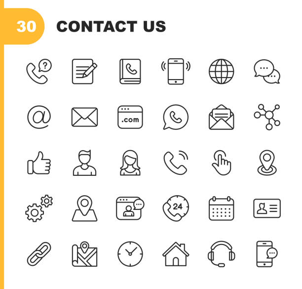 Contact Line Icons. Editable Stroke. Pixel Perfect. For Mobile and Web. Contains such icons as Like Button, Location, Calendar, Messaging, Network. 30 Contact Outline Icons. communication stock illustrations