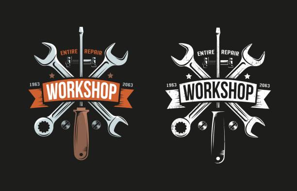 ilustrações, clipart, desenhos animados e ícones de logotipo retro da oficina com chave inglesa, chave de fenda e fita heráldico - wrench