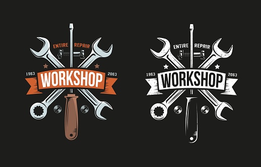 Workshop retro logo with wrench, screwdriver and heraldic ribbon. Black background. Color and monochrome versions. Grunge worn texture on separate layer and easily turn off.