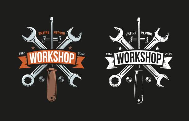 Workshop retro logo with wrench, screwdriver and heraldic ribbon Workshop retro logo with wrench, screwdriver and heraldic ribbon. Black background. Color and monochrome versions. Grunge worn texture on separate layer and easily turn off. wrench stock illustrations