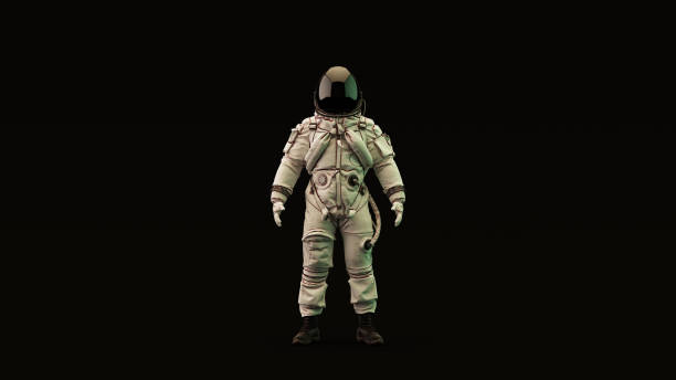 istock Astronaut Advanced Crew Escape Suit with Black Visor and White Spacesuit with Light Yellow and Green Moody 80s lighting Front 1133798783