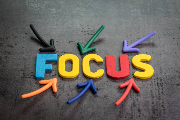 istock Important of focus, concentration, intention in work or life concept, colorful arrows pointing to the word FOCUS at the center on black cement blackboard wall 1133798976
