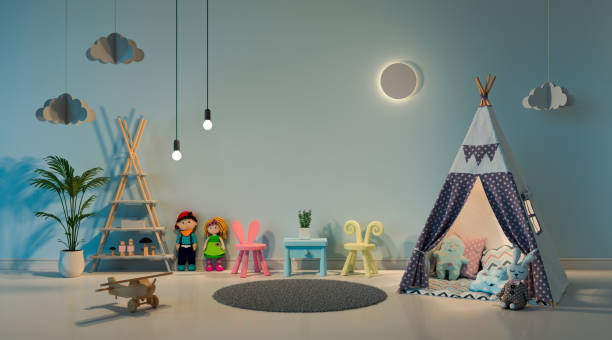 istock Teepee in child room interior at night, 3D rendering 1133799188