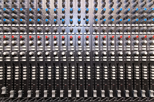 Close-Up Of Sound Mixer At Studio. Professional dj setup. modern music. Technological and electronic mixer. No people.