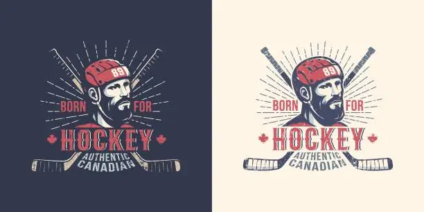 Vector illustration of Vintage Canadian hockey logo with  bearded player