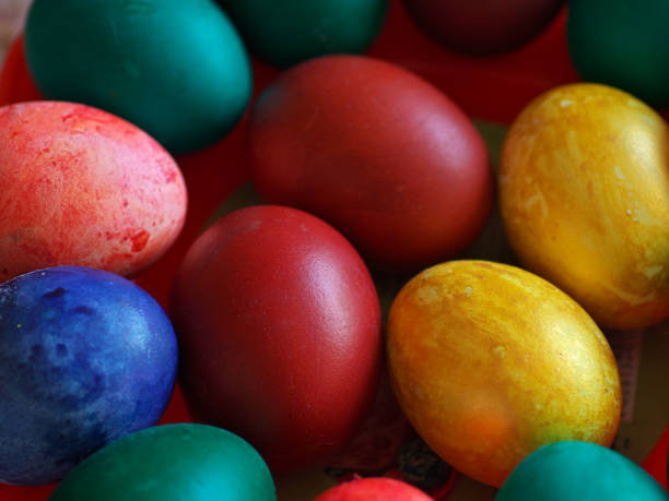 istock Traditional Easter painted color eggs, spring Christian holiday , selective focus 1133804279