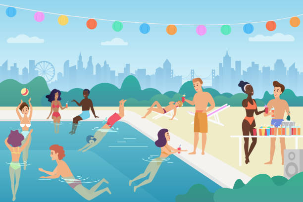 ilustraciones, imágenes clip art, dibujos animados e iconos de stock de el hombre y la mujer felices están nadando en la piscina, hablando, jugando con la pelota, disfrutan del tiempo, divirtiéndose en la fiesta de verano de la piscina al aire libre. ilustración vectorial colorida. - swimwear child inner tube little girls