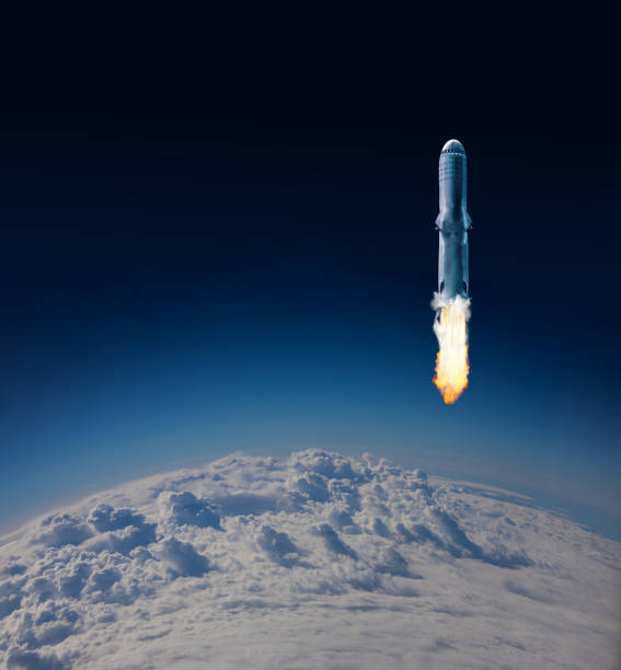 Ignition of Rocket first stage over Earth clouds First stage of the rocket space ship flying over the clouds leaving atmosphere 2nd base stock pictures, royalty-free photos & images
