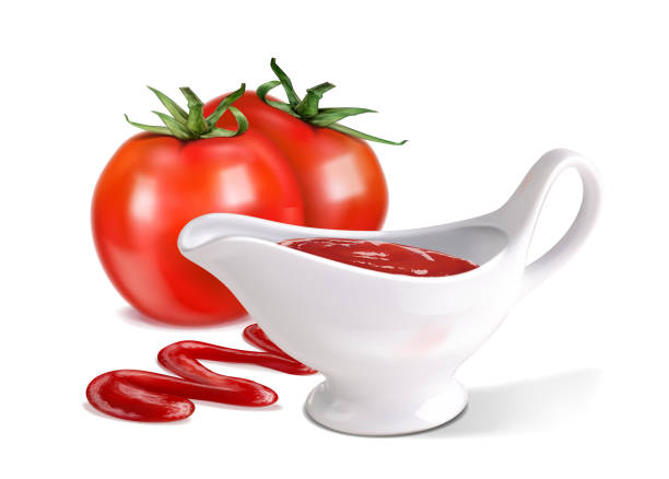 istock Vector illustration of saucepot with ketchup drops and tomato on white 1133809848