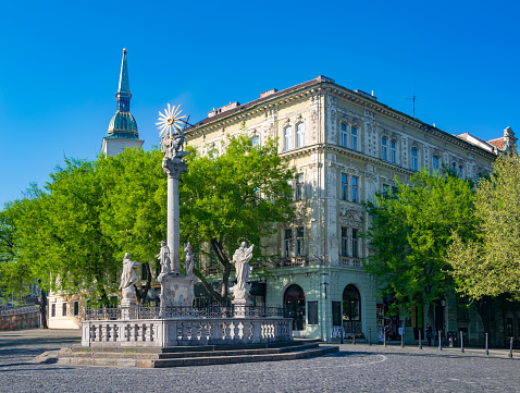 Plague Column at Rybne Namestie - Fish Square - in Bratislava, Slovakia at sunny spring day