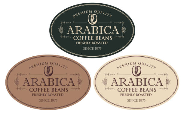 set of labels for freshly roasted coffee beans Vector set of labels for freshly roasted coffee beans. Coffee labels with coffee bean in oval frame in retro style with inscription Arabica. cooking borders stock illustrations