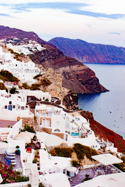 Greece, the origin the civilization. Landscape of the municipality of Santorini, which contains the inhabited islands of Santorini and Terasia and the uninhabited islands of New Cameni, Old Cameni, Aspronisi and Cristiana. Central region of Oia. cultura grega stock pictures, royalty-free photos & images