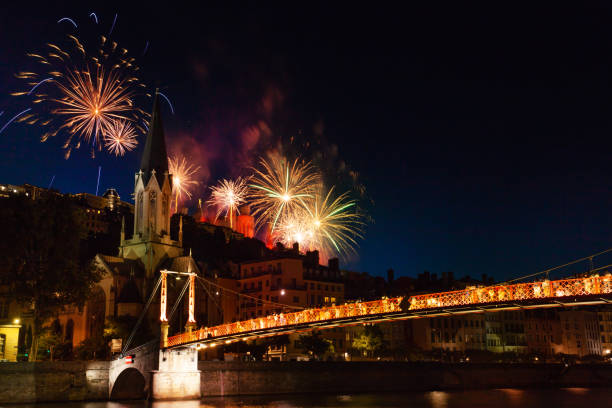 istock Fireworks lit up night sky over Saone River, Lyon 1133821538