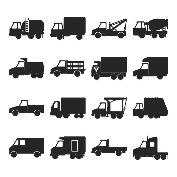 illustrazioni stock, clip art, cartoni animati e icone di tendenza di collezione di icone di camion silhouette in stile piatto - camion
