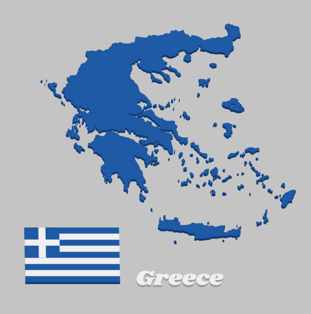 3d zarys mapy i flaga grecji, dziewięć poziomych pasków, z kolei niebieski i biały; biały krzyż na niebieskim kwadratowym polu w kantonie. - flag national flag greek flag greece stock illustrations