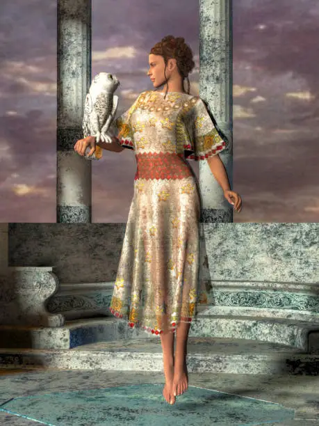 The Greek goddess Athena gazes at her owl as she floats over the floor of her palace on Mount Olympus. 3D Rendering