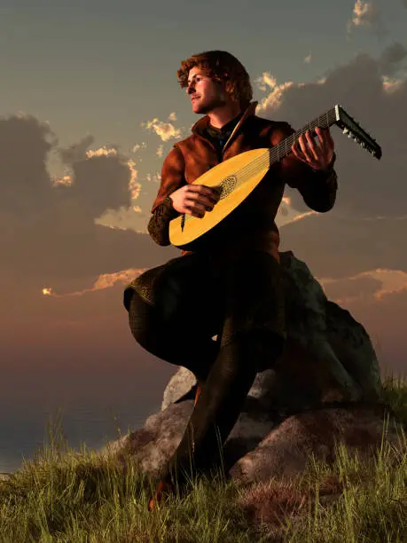 A bard plays his lute while sitting on a rocky point next to the ocean as the sun sets over the water. The medieval musician makes music for the sunset. 3D Rendering