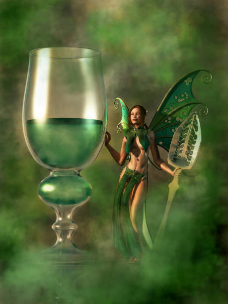 Absinthe, The Green Fairy The green fairy is a nickname for the alcoholic beverage absinthe. Such a fairy stands next to a glass of green drink. In her hand is an absinthe spoon. 3D Rendering absinthe spoon stock pictures, royalty-free photos & images