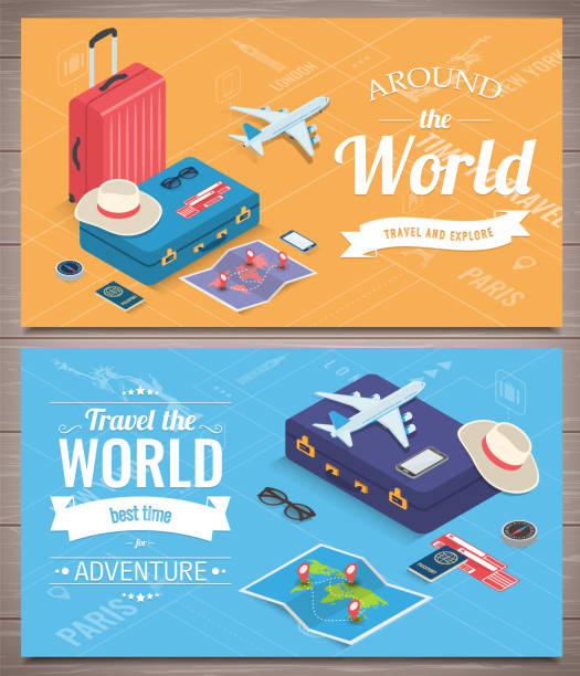 Travel banners in Isometric style. Travel and tourism. Concept website template. Vector Travel banners in Isometric style. Travel and tourism. Concept website template. Vector illustration mobile sculpture stock illustrations