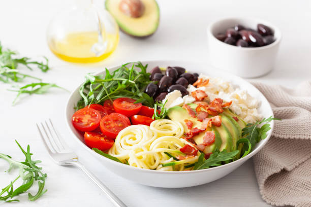 istock ketogenic lunch bowl: spiralized courgette with avocado, tomato, feta cheese, olives, bacon 1133832571