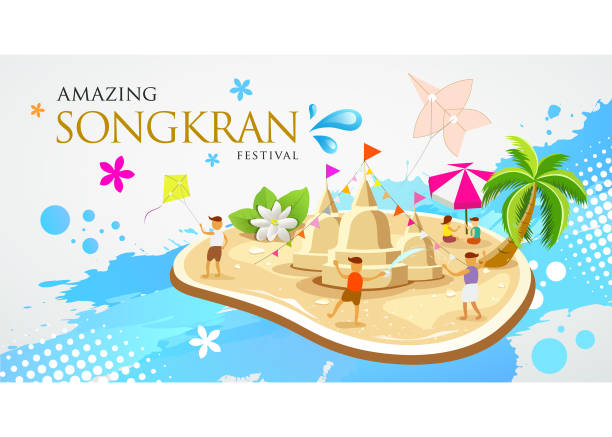 tajlandia festiwal songkran sand pagoda i latawiec - abstract asia backgrounds bangkok stock illustrations