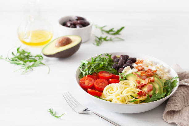 istock ketogenic lunch bowl: spiralized courgette with avocado, tomato, feta cheese, olives, bacon 1133832799