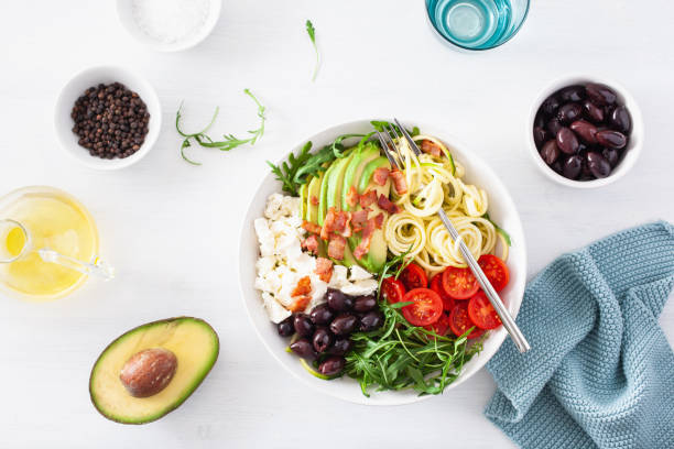 istock ketogenic lunch bowl: spiralized courgette with avocado, tomato, feta cheese, olives, bacon 1133832854