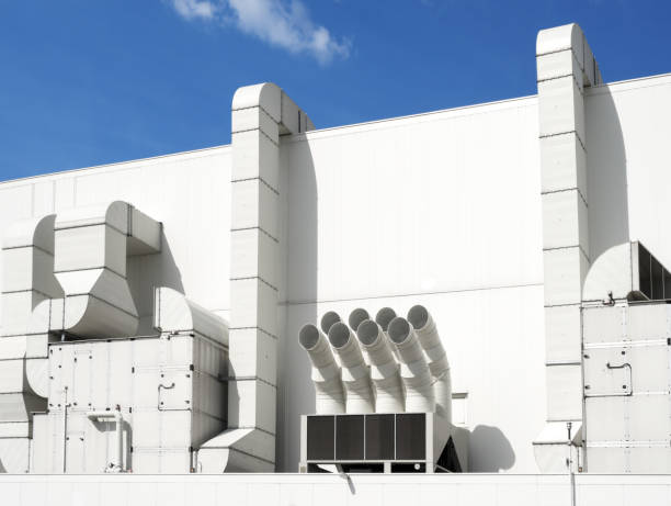 istock Supermarket ventilation system. Large aluminum pipes for ventilation systems. Air purification system for a large children's supermarket 1133832889