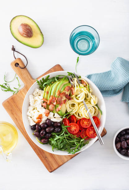 istock ketogenic lunch bowl: spiralized courgette with avocado, tomato, feta cheese, olives, bacon 1133832906