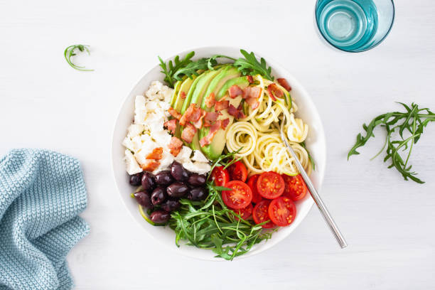 istock ketogenic lunch bowl: spiralized courgette with avocado, tomato, feta cheese, olives, bacon 1133833638
