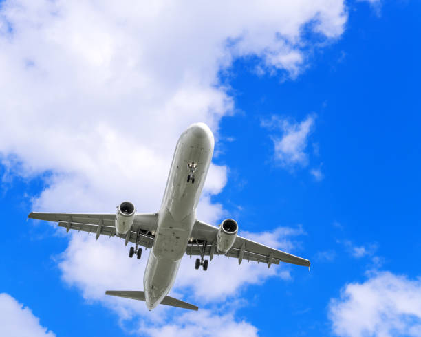 istock Flapping plane on a background of blue sky and white clouds.  Airliner. Bottom view. 1133834145