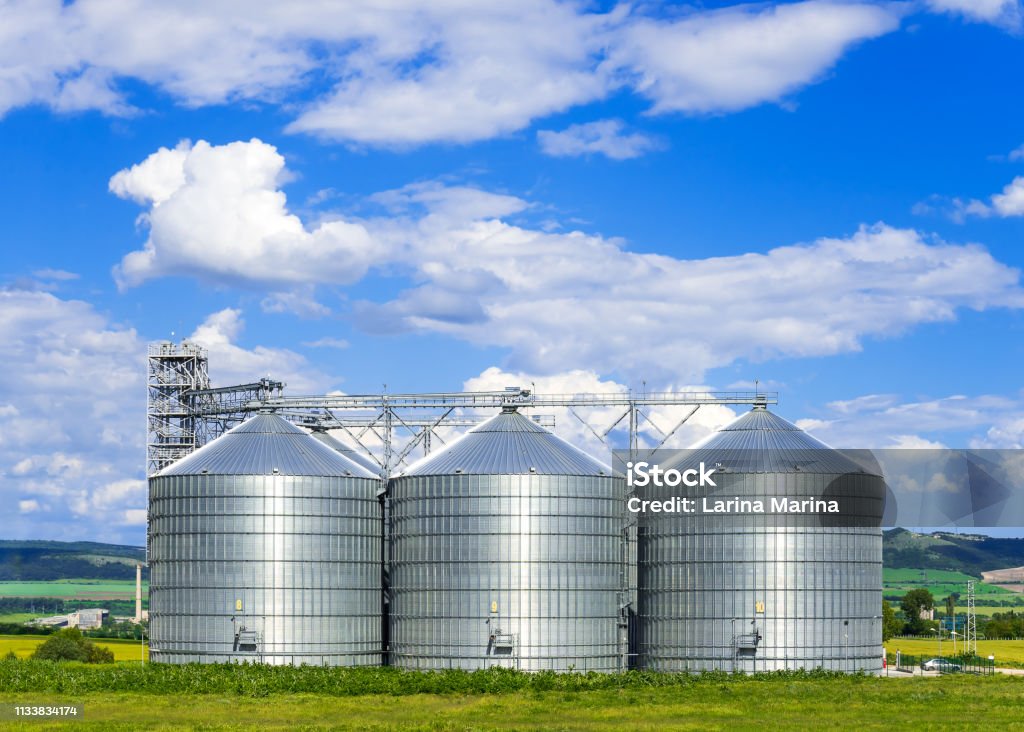 Landscape. Bright nature. Elevator. Large Aluminum containers for storing cereals in the background of blue sky and volumetric clouds Cereal Plant Stock Photo