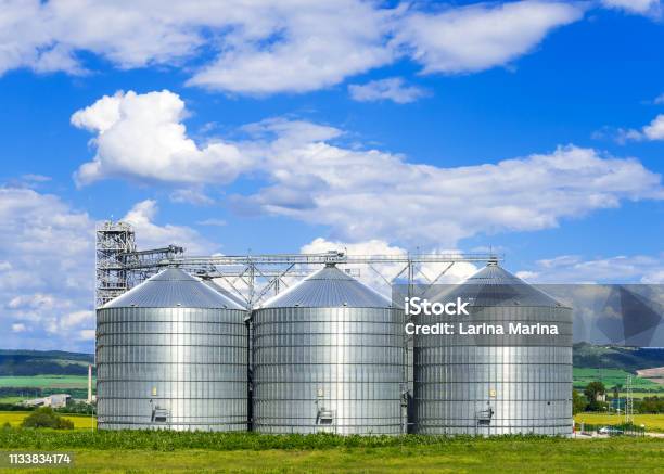 Landscape Bright Nature Elevator Large Aluminum Containers For Storing Cereals In The Background Of Blue Sky And Volumetric Clouds Stock Photo - Download Image Now