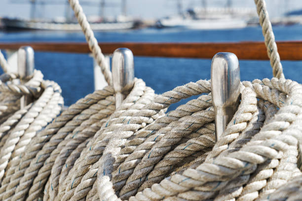 istock Fragment of deck pleasure craft. Ropes and rope 1133836345