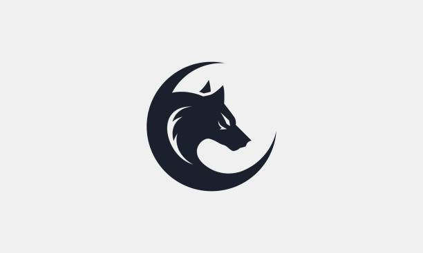 einfache wolf und mond silhouette brand identity vector illustration - wolf stock-grafiken, -clipart, -cartoons und -symbole