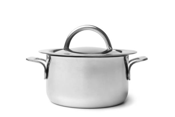 Stainless steel pan with lid on white background