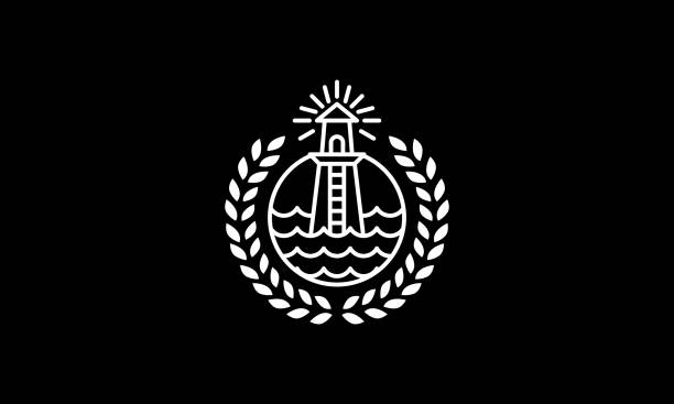 ilustrações de stock, clip art, desenhos animados e ícones de nautical tower monoline badge brand identity vector illustration - nautical vessel wave pattern old fashioned summer