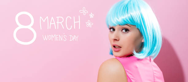 istock Womens Day message with woman with blue wig 1133839836