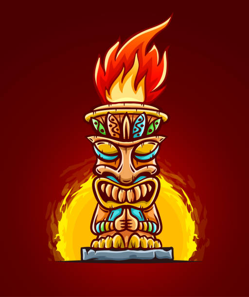 Tiki traditional hawaiian tribal mask with fire. Vector illustration. Tiki traditional hawaiian tribal mask with human face with flame of burning fire of torch. Wooden totem symbol, god from ancient culture of Hawaii. Hand drawn in cartoon style on red background. Eps10 tiki mask stock illustrations
