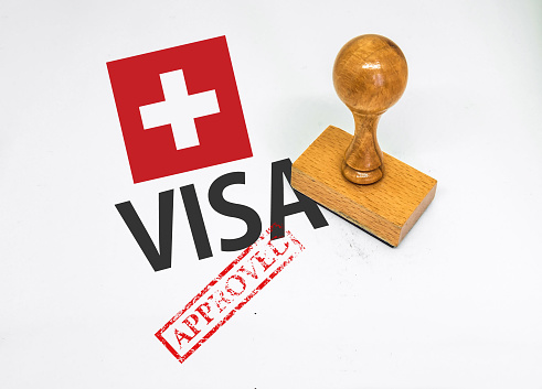 Switzerland Visa Approved with Rubber Stamp and flag