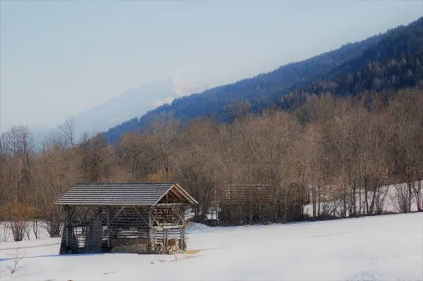 Wooden hut in the snow