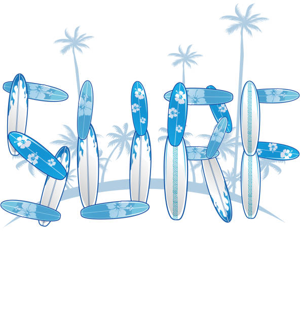 illustrations, cliparts, dessins animés et icônes de écrit avec des planches de surf bleues avec palm tree. illustration vectorielle - text surfing surf palm tree