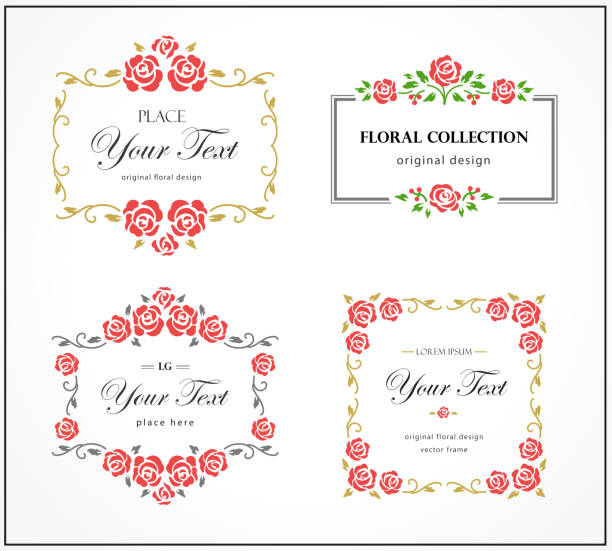 set von bunten blühenden logo, etikett, rahmen mit blumen. orniergebrande blumenvektormotive mit rosen. romantische design-grußkarte, einladung zur hochzeit, valentinstag. - frame romance ornate valentine card stock-grafiken, -clipart, -cartoons und -symbole