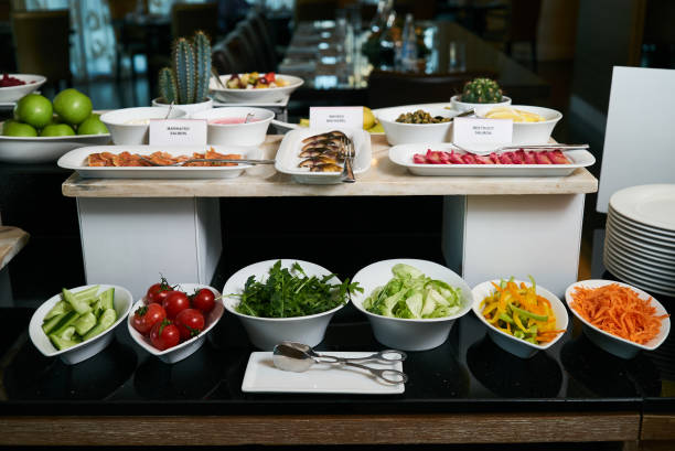 istock Hotel restaurant buffet catering table with Vegetarian food, clo 1133849735