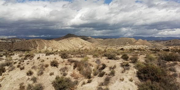 A view of the Tabernas desert with cloudy sky, brown hills with poor plants