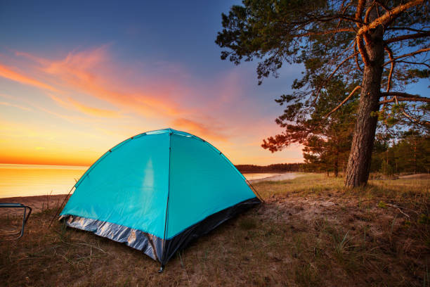 istock Family resting with tent in nature at sunset 1133854082