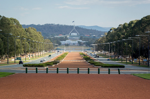Anzac Parade looking towards Parliament House, Canberra, ACT, Australia