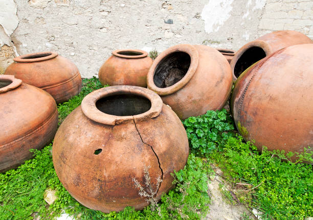 Wasted wine amphora discarded in Omodos village street, Cyprus stock photo